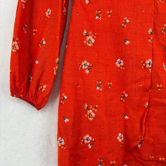 Free People Mini Dress Size 4 Orange Floral Belted Faux Wrap Balloon Sleeves - Picture 6 of 13